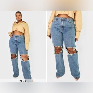 PRETTYLITTLETHING Plus Vintage Wash Ripped Knee Split Hem Jeans